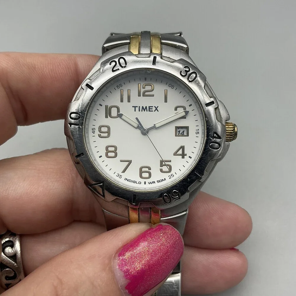 Timex Indiglo Mens Watch 39mm White Dial Two Tone Date New Battery 7.25